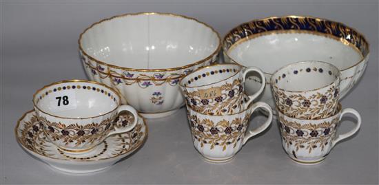 A Worcester part tea and coffee set, Flight period, a similar slops bowl and a Derby slops bowl, damage